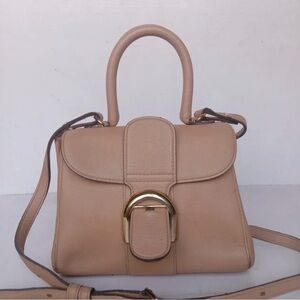 Structured Top-Handle Satchel in Light Beige with Gold Buckle